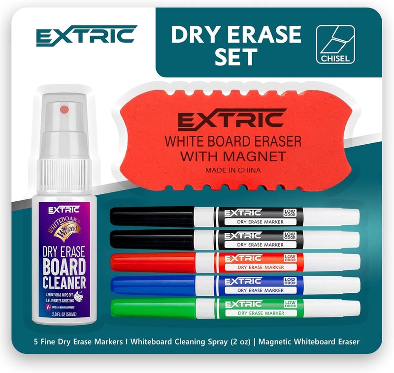 EXTRIC Dry Erase Markers Fine Tip Set, 5 Whiteboard Markers, Whiteboard Cleaner and Eraser, Low Odor Dry Erase Marker with Eraser, White Board Marker for Kids, School Supplies and Teachers - Image 1